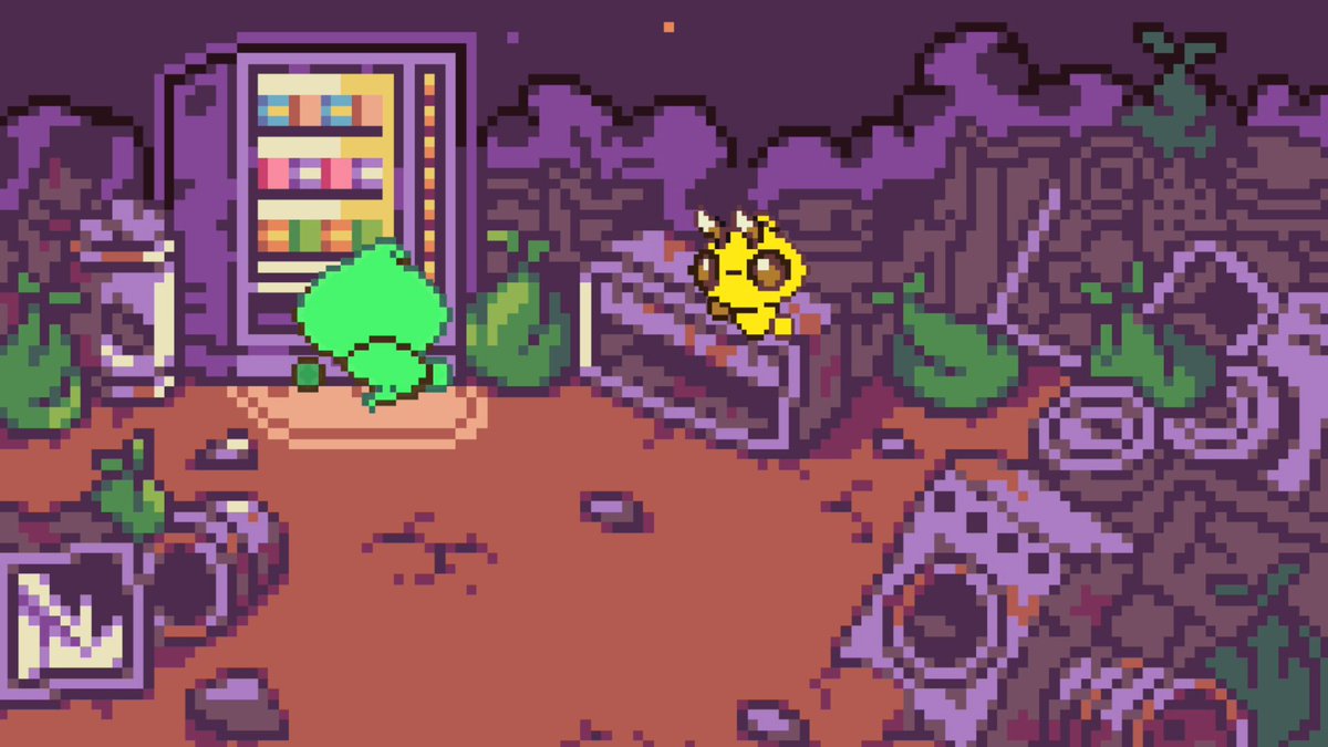 Pixel-art scene from Kamigotchi: a glowing vending machine in an overgrown night ruin